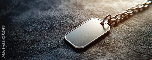 A metallic dog tag lies on a textured surface, catching light to create a reflective effect.