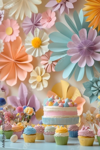 A colorful wall with paper flowers and a cake with frosting on top