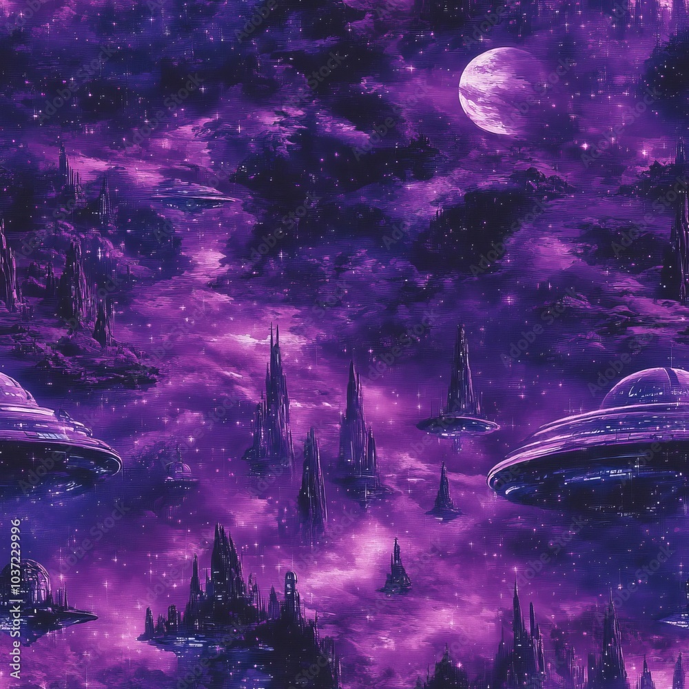 Obraz premium Futuristic space cities floating among stars, metallic silver and purple tones, seamless pattern, [fabric motif], [sci-fi utopia]