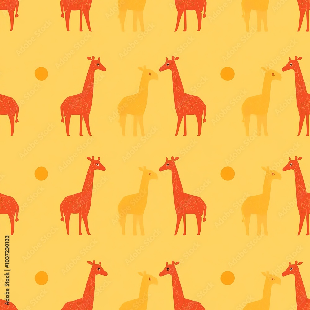 Naklejka premium Giraffes with abstract geometric patterns, warm oranges and yellows, seamless layout, [animal motif], [artistic safari]