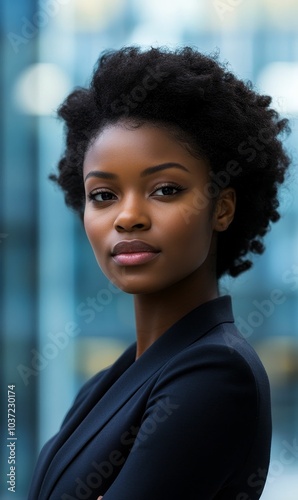 A woman in a black suit looks at the camera.