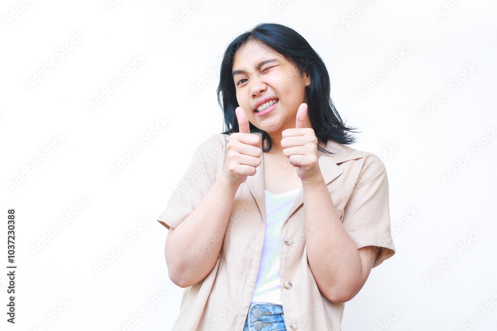 happy asian woman showing thumbs up with eye closed flirting at camera wearing brown casual clothes isolated on white background happy asian woman showing thumbs up with eye closed flirting at camera wearing brown casual clothes isolated on white background