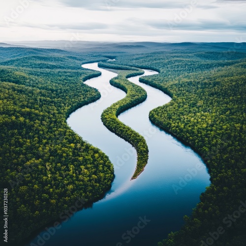 Aerial view of a winding river surrounded by lush green forests.