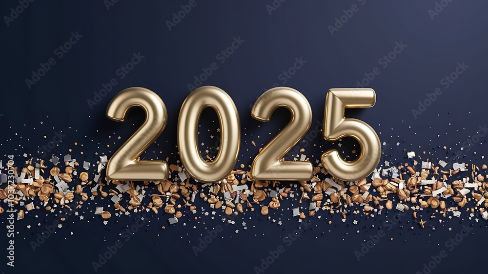 2025 Gold Numerals with Confetti on a Navy Blue Background 2025 Gold Numerals with Confetti on a Navy Blue Background