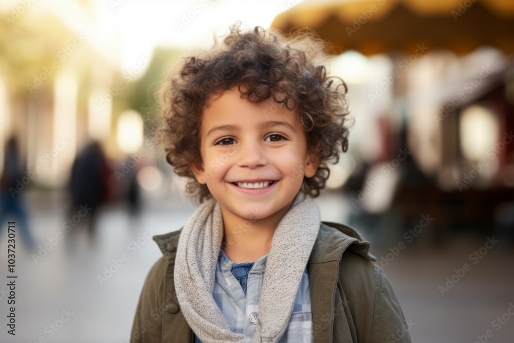 Portrait of a smiling little boy with curly hair on the street Portrait of a smiling little boy with curly hair on the street