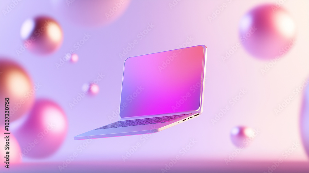 Futuristic Laptop in Neon Gradient Surreal 3D Environment