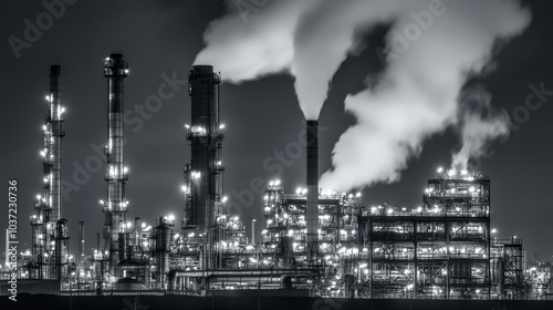 Nighttime view of a refinery with smoke emissions