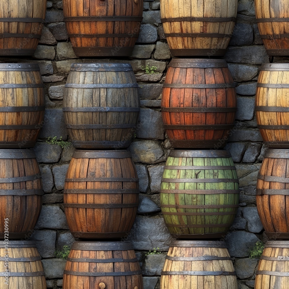Old wooden barrels with weathered surfaces, rustic brown and gray tones, seamless layout, [fabric texture], [vintage aesthetic]