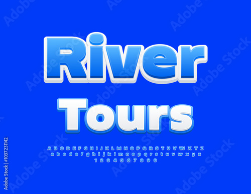 Vector touristic emblem River Tours. Bright Artistic Font. Decorative Alphabet Letters and Numbers set. 