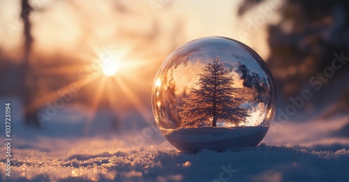 Christmas Glass Ball with Tree on Winter Background. AI generated illustration.