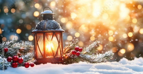 Christmas Lantern on Snow with Fir Branch in Sunlight. AI generated illustration.