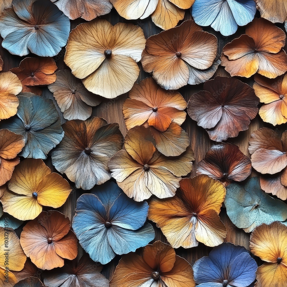 Wood grain with embedded flower petals, soft natural colors, seamless pattern, [fabric texture], [botanical fusion]