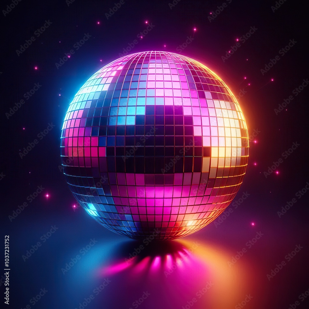Obraz premium a vibrant shiny disco ball on a black background. 3D rendering. Neon lights