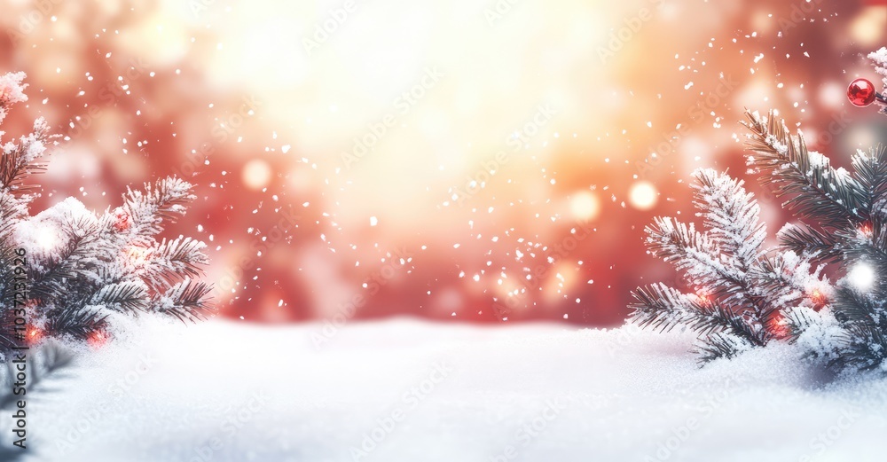 Christmas Winter Background with Snow and Blurred Bokeh. AI generated illustration.