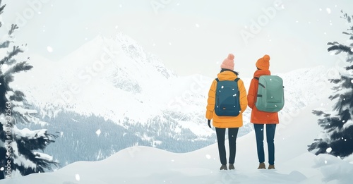 Couple with Backpacks Enjoying Mountain View in Winter. AI generated illustration.