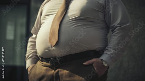 A realistic photograph of a middle-aged man with abdominal obesity, standing in a casual setting. The man has a large, protruding belly and is wearing everyday clothing, such as a t-shirt and jeans