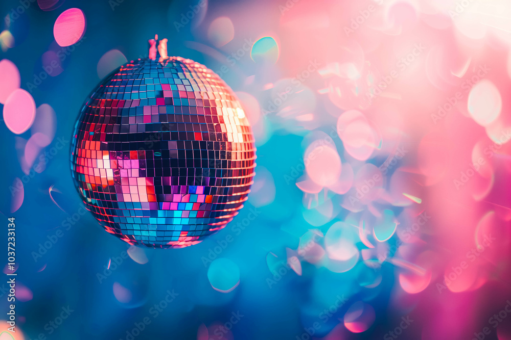 Obraz premium Shiny colorful disco ball with lights, with copy space.