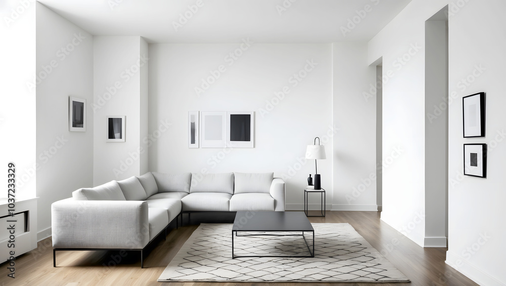 Minimalist living room with a gray sectional sofa and modern decor