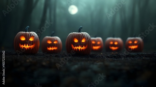 Haunting and surreal carved pumpkins with eerie expressions glowing in the dark against a spooky moonlit forest backdrop evoking the dark and ominous spirit of Halloween photo