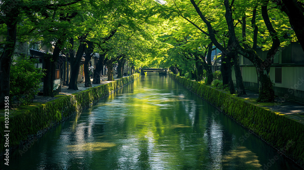 A river lined with vibrant green trees, providing shade and tranquility for those nearby.