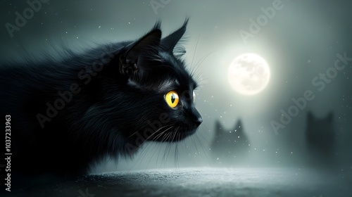 Ominous black cat with piercing yellow eyes crossing a dark path sleek ebony fur glistening under the light of a full moon Eerie howls of the night echo in the distance