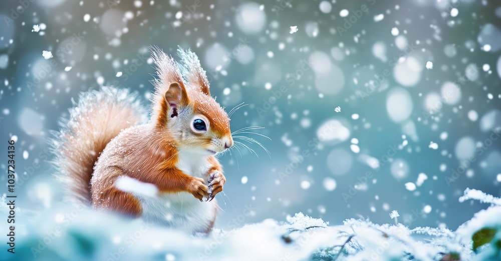 Cute Red Squirrel in Falling Snow. AI generated illustration.
