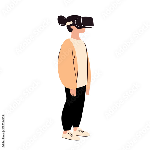 Woman wearing VR headset standing against white background