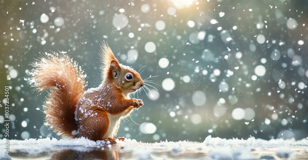 Cute Red Squirrel in Falling Snow. AI generated illustration. Cute Red Squirrel in Falling Snow. AI generated illustration.