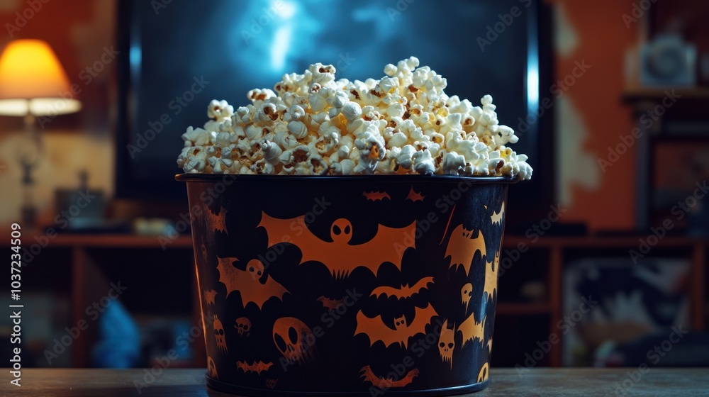 A festive bowl of popcorn with Halloween-themed decorations, perfect for movie night. A festive bowl of popcorn with Halloween-themed decorations, perfect for movie night.