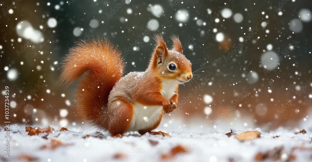 Cute Red Squirrel in Falling Snow. AI generated illustration.