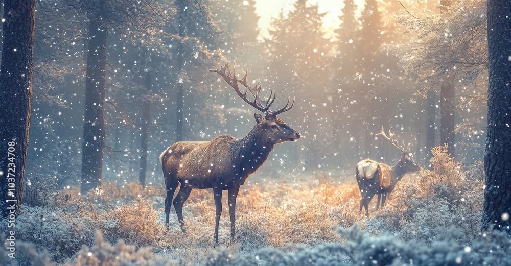 Deers in Forest During Winter Season. AI generated illustration. Deers in Forest During Winter Season. AI generated illustration.