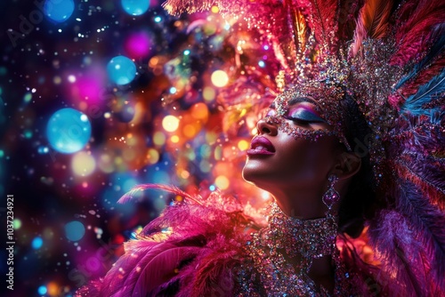 Brazilian samba dancer posing with colorful feathers and glittering makeup for carnival celebration