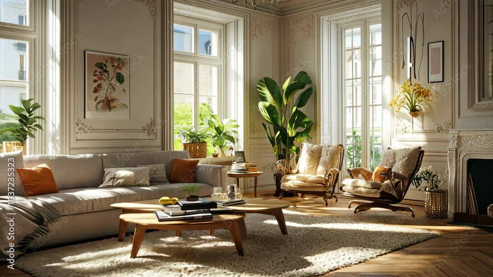 Sunlight streams through large windows into a spacious living room, illuminating a plush sofa, two armchairs, and a coffee table Sunlight streams through large windows into a spacious living room, illuminating a plush sofa, two armchairs, and a coffee table