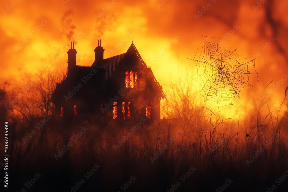 Haunting Halloween scene with a spooky house, cobwebs, and pumpkins against a vibrant orange sky. Perfect for seasonal decoration. Haunting Halloween scene with a spooky house, cobwebs, and pumpkins against a vibrant orange sky. Perfect for seasonal decoration.