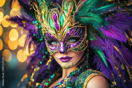 Festive portrait of a woman celebrating mardi gras in an elaborate costume and mask photo