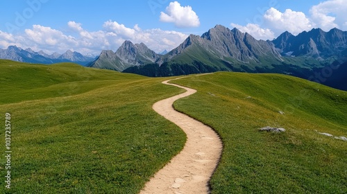 Winding path through a lush green landscape with majestic mountains in the background.