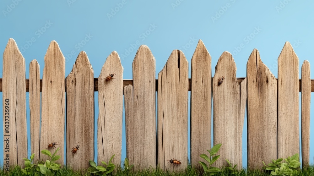 Fototapeta premium Wooden fence with green grass against a blue sky, isolated background.