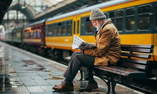 Elderly man reading a newspaper while waiting for a train