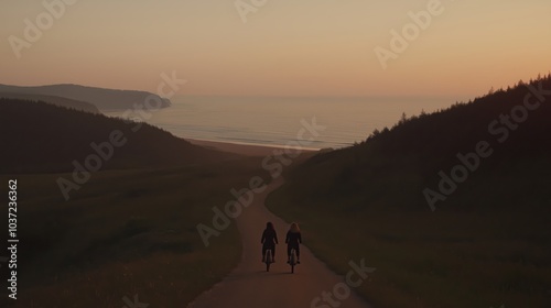 Cyclists on scenic coastal road at sunset: adventure and serenity