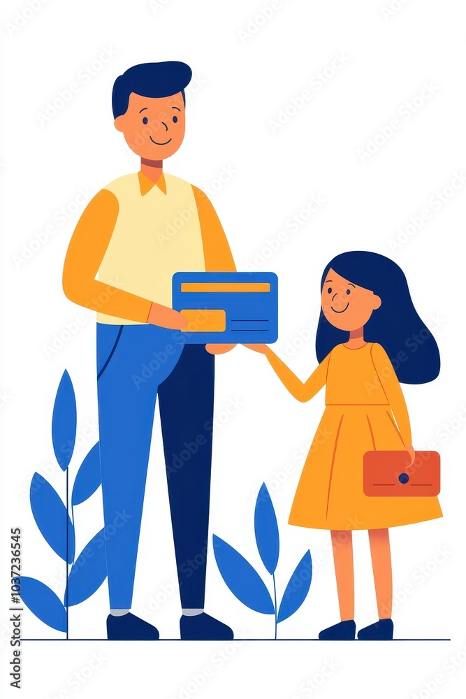 A father handing a card to his daughter, colorful illustration, white isolated background. A father handing a card to his daughter, colorful illustration, white isolated background.