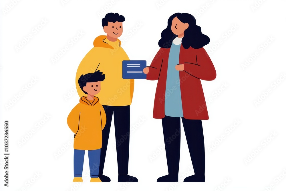 A family discussing while holding a card, isolated on a white background. A family discussing while holding a card, isolated on a white background.