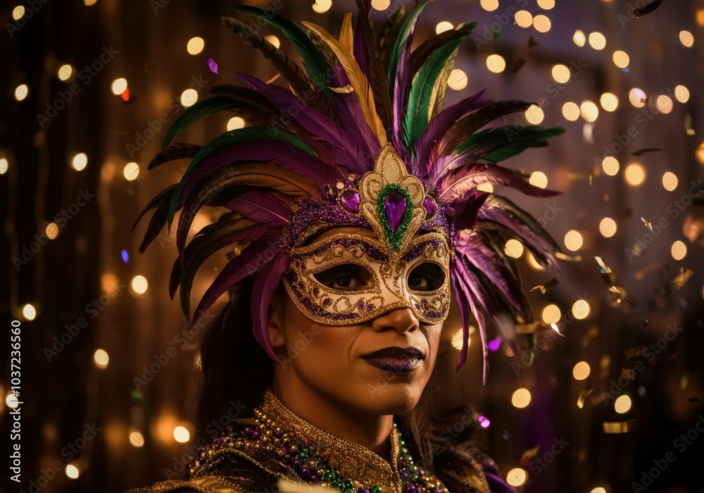 Person is posing in a purple and gold costume and mask with large feathers for mardi gras Person is posing in a purple and gold costume and mask with large feathers for mardi gras