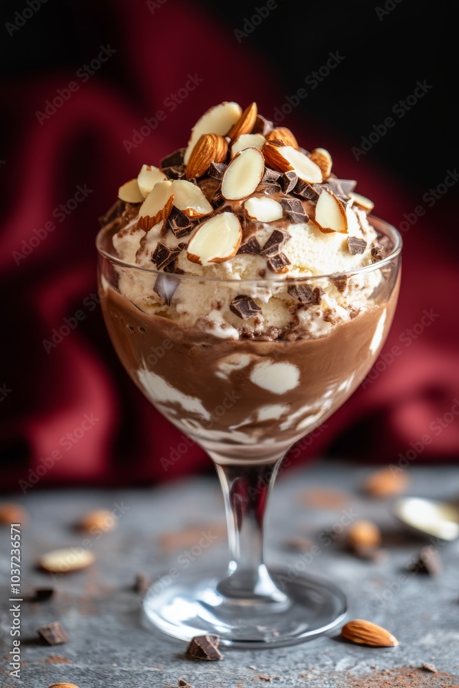 Decadent chocolate mousse topped with sliced almonds in a glass dessert dish