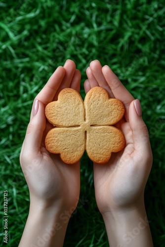 Hands holding a decorated shamrock cookie against a lush green backdrop in natural light photo