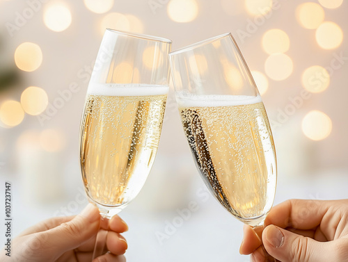 Romantic candlelight dinner table setup for couple with beautiful light as background. Man & Woman hold glass of Champaign. Concept for valentine's day and date