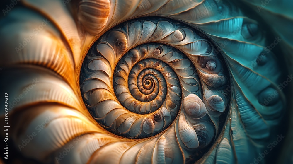 A close-up view of the intricate spiral pattern inside a seashell. A close-up view of the intricate spiral pattern inside a seashell.