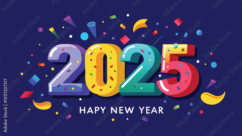 Happy New Year 2025 in Bold Shimmering Letters with Confetti Falling on Dark Blue Background Vector Happy New Year 2025 in Bold Shimmering Letters with Confetti Falling on Dark Blue Background Vector