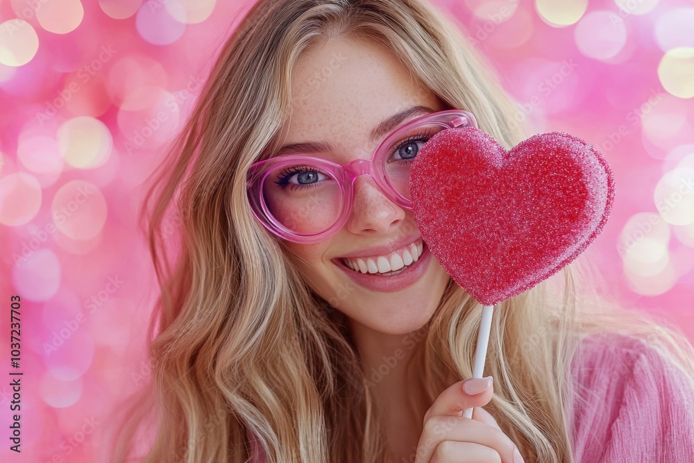 Beautiful young woman with pink glasses holding a big red heart shaped lollipop, smiling, on a pink bokeh background Beautiful young woman with pink glasses holding a big red heart shaped lollipop, smiling, on a pink bokeh background
