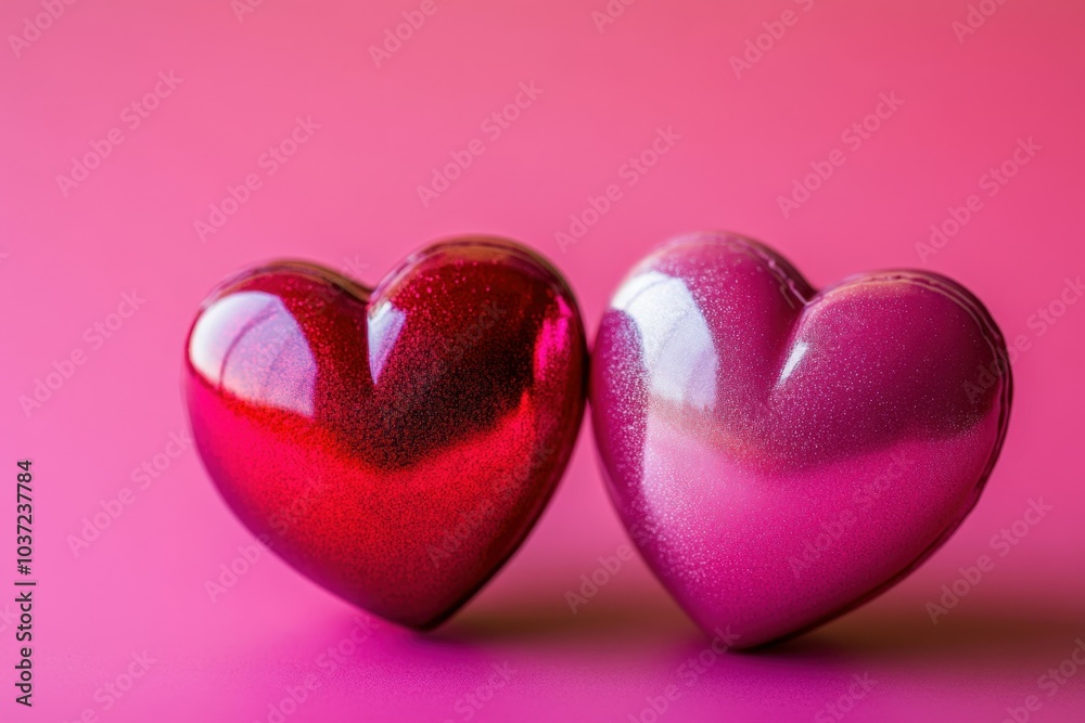 Fototapeta premium Two shiny red and pink hearts are standing on a pink background for valentine's day