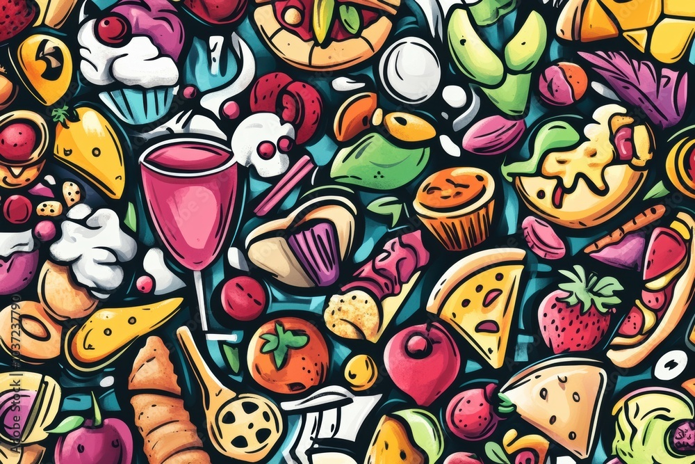 A vibrant assortment of fun and playful doodles features delicious foods such as pizza, ice cream, fresh fruits, and refreshing drinks. Generative AI A vibrant assortment of fun and playful doodles features delicious foods such as pizza, ice cream, fresh fruits, and refreshing drinks. Generative AI
